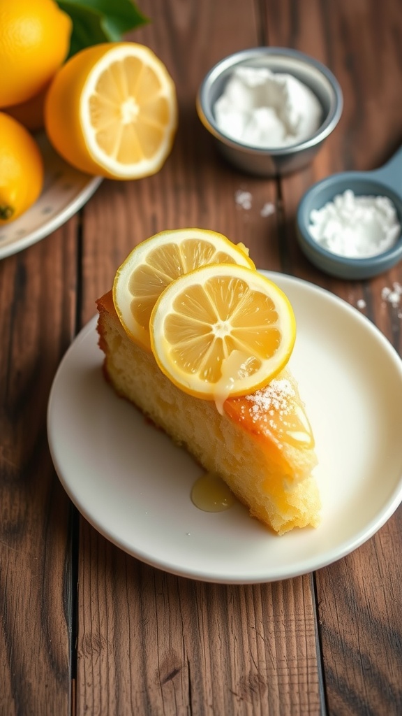 Low-Carb Keto Lemon Cake Recipe A slice of keto lemon cake on a plate with lemon slices and glaze, on a wooden table.
